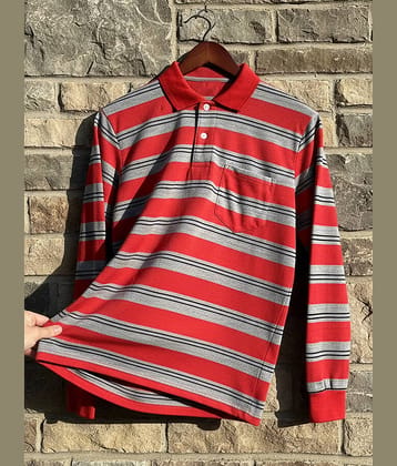 GET GOLF Men Cotton Blend Regular Fit Striped Polo T Shirt ( Red )