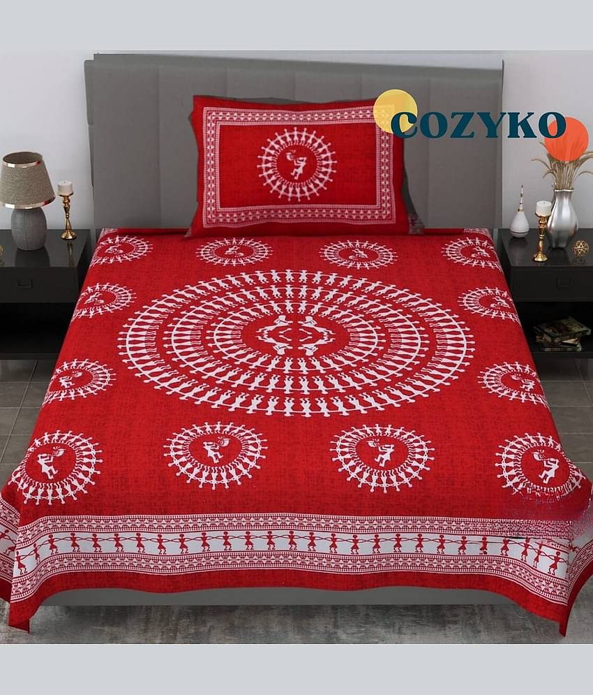 COZYKO Cotton 1 Single Bedsheet with 1 Pillow Cover ( Red )