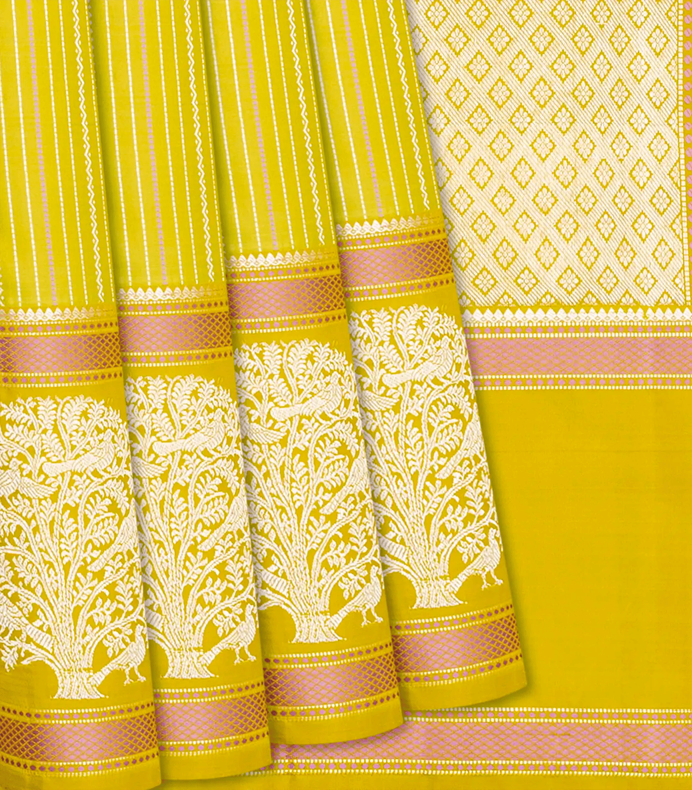 Mustard Handloom Kanchipuram Silk Saree With Veldari Stripes-Mustard-Mustard