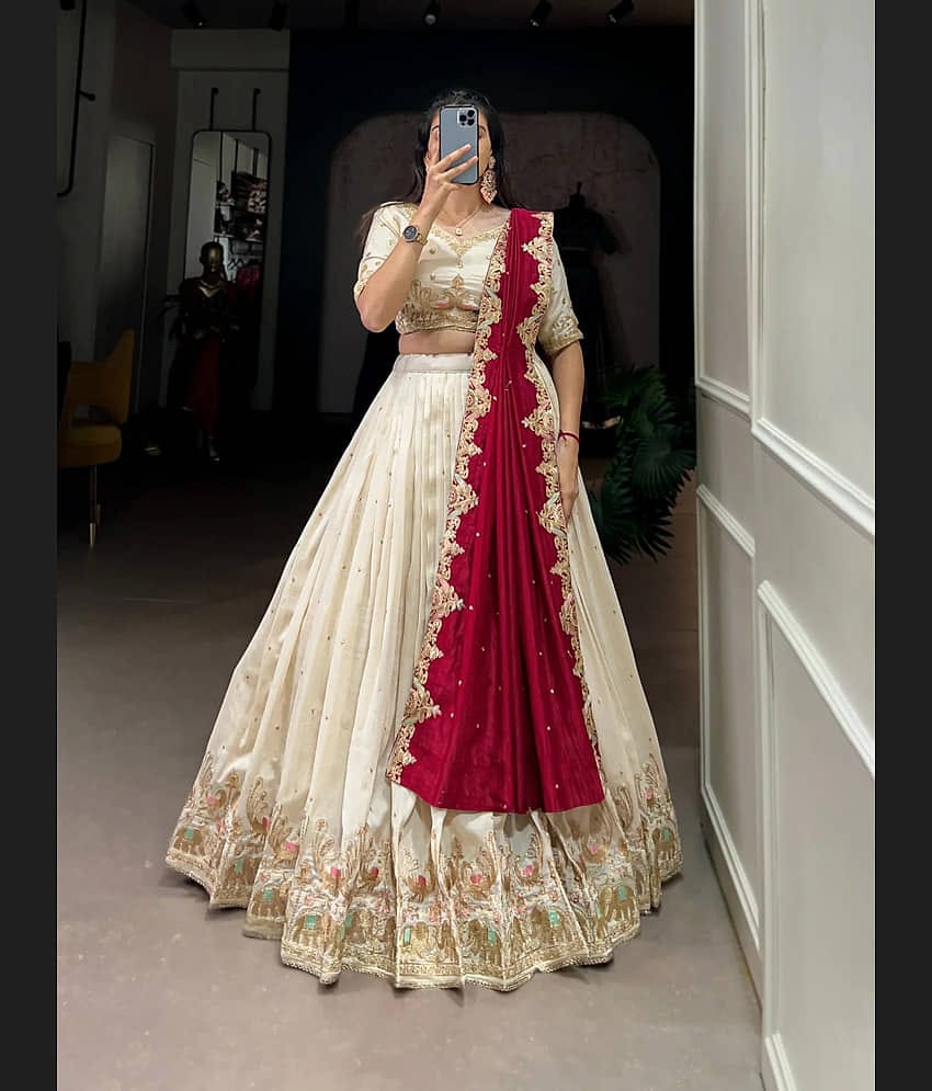 kedar fab White Silk Circular Semi Stitched Lehenga Single