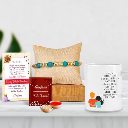 Designer Pearl Rakhi with Mug for Brother and Roli Chawal Pack, Best Wishes Greeting Card
