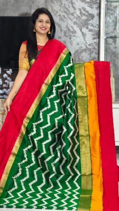 Pure Pochampally Ikkat Silk Green Red Sari