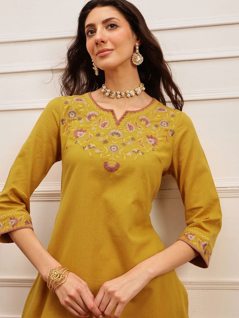 Mustard Floral Embroidered Kurta