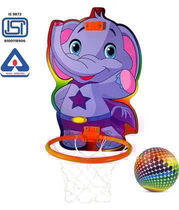 NHR Small Basket Ball kit Set with Ring for Kids, Playing Indoor Outdoor Basket Ball, High Quality Hanging Board with Net & Ball (Elephant Face Printed)