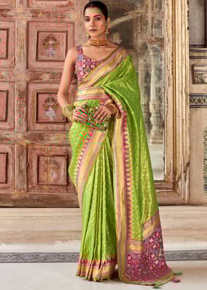 Pista Green Woven Banarasi Tissue Silk Saree Patola Blouse