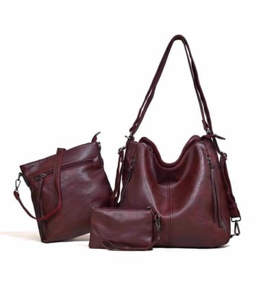Women's PU Leather Medium Shoulder Zipper Handbag (Wine red)-PID57456