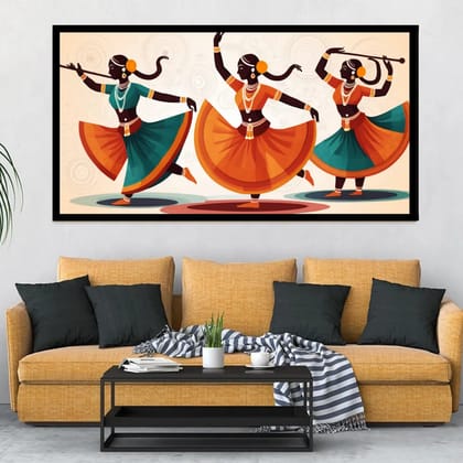 Luminary Traditional Indian Folk Art Canvas Painting – Madhubani Style for Home Décor | Frame Size (127 X 69 Cm) | Frame Type (Black) | 5-Year Warranty