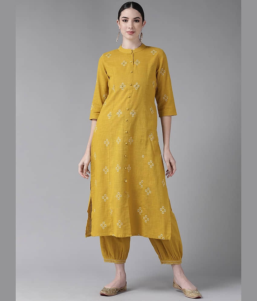 Ishin - Yellow A-line Cotton Women's Stitched Salwar Suit ( Pack of 1 )