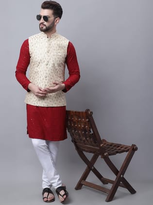Sojanya Men's Cotton Maroon Kurta and White Pyjama Beige Nehrujacket Set-38