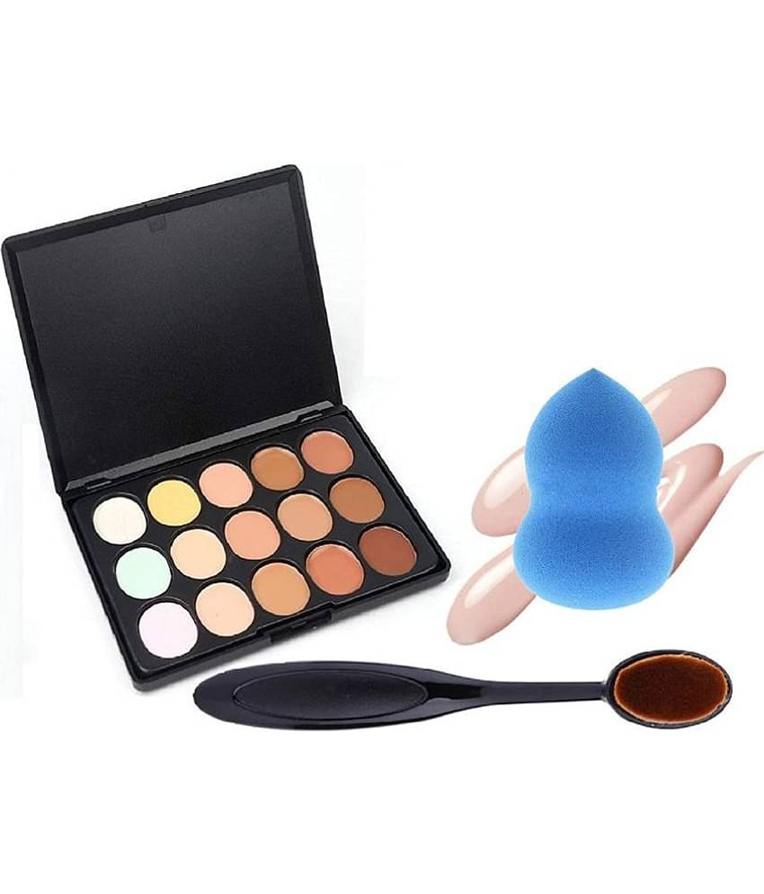 Lenon Beauty 15 Color Contour Pallete with Sponge Puff and Oval Shape foundtaion Brush Pack of 3