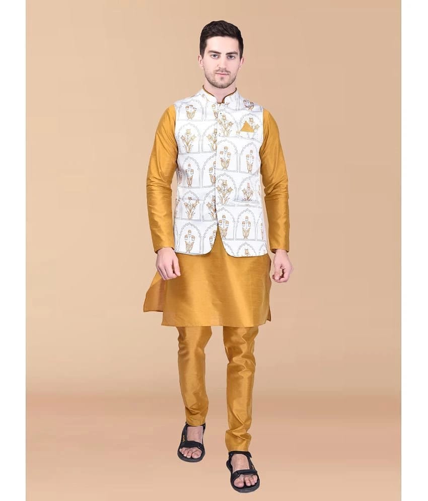PRINTCULTR Gold Silk Regular Fit Mens Kurta Pyjama Set ( Pack of 1 ) - None