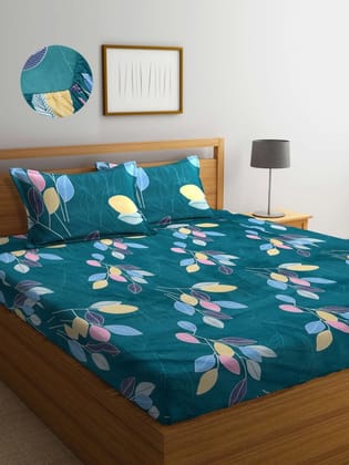Green & Pink Floral 300 TC King Bedsheet with 2 Pillow Covers