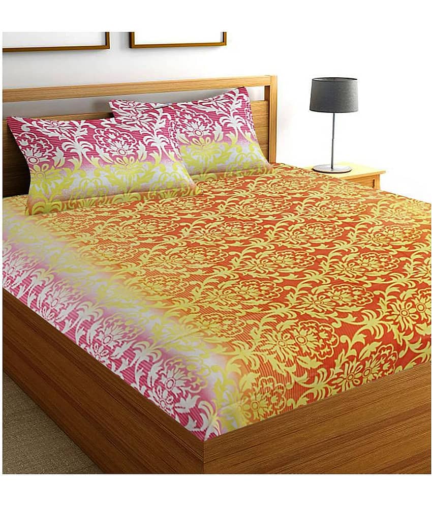 Home Candy Cotton Ethnic Double Bedsheet with 2 Pillow Covers - Orange