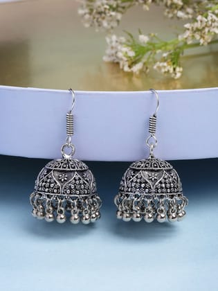 NVR Women German Silver Oxidized Floral Design Jhumka Earrings-One Size / Silver / German Silver