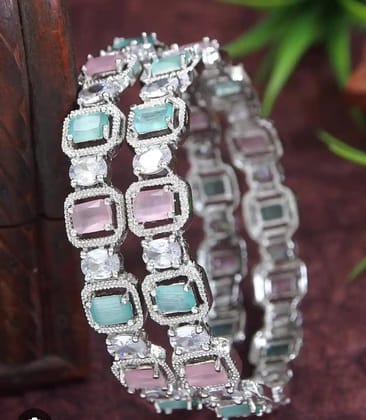 Saniya Contemporary Silver Plated Bangle Set with Pastel Mint and Rose Cut Stones