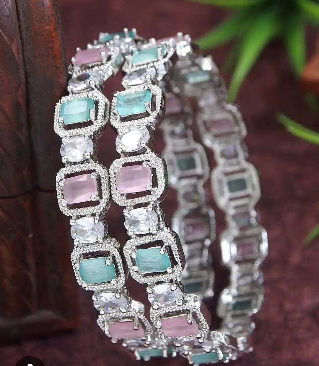 Saniya Contemporary Silver Plated Bangle Set with Pastel Mint and Rose Cut Stones