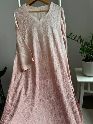 Muslin Chikankari Kurti - Pale Pink Ombre-coffee brown ombre / Muslin / L