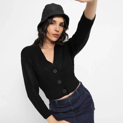 Black Solid Ribbed Cropped Cardigan-Black / Plain / S