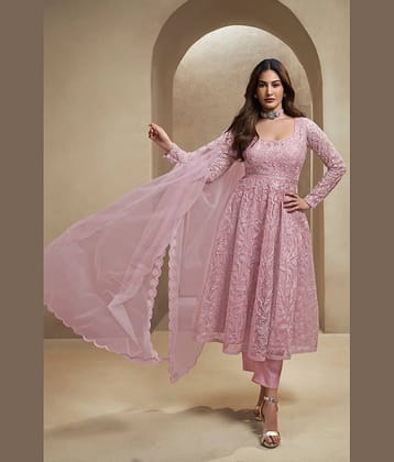 VARNI VESH Women Net Embroidered Anarkali Kurti With Pants ( Pink )