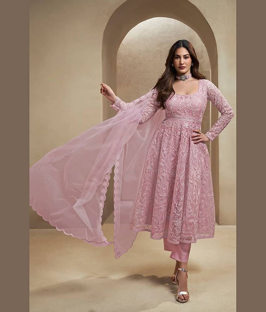 VARNI VESH Women Net Embroidered Anarkali Kurti With Pants ( Pink )