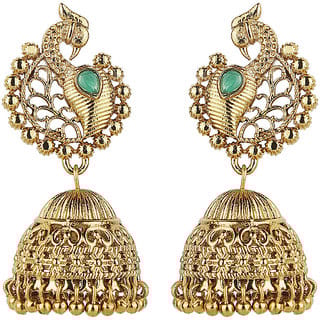 Traditional Peacock Dome Jhumki Golden  Green Alloy Brass  Copper Earrings for Women's Fashion Jewelry