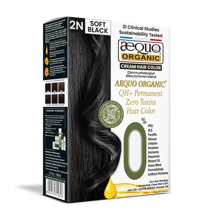 Aequo Organic Cream Hair Colour With QH+ Water | Natural, 100% Grey Coverage, PPD & Ammonia Free Permanent Hair, Beard Color For Men & Women | 2N Soft Black 200ml, Pack Of 1 Aequo Organic Cream Hair Colour With QH+ Water | Natural, 100% Grey Coverage, PP