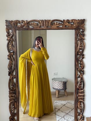 Georgette Attractive Gown Dupatta Set (Stitched)-Yellow / M (38)
