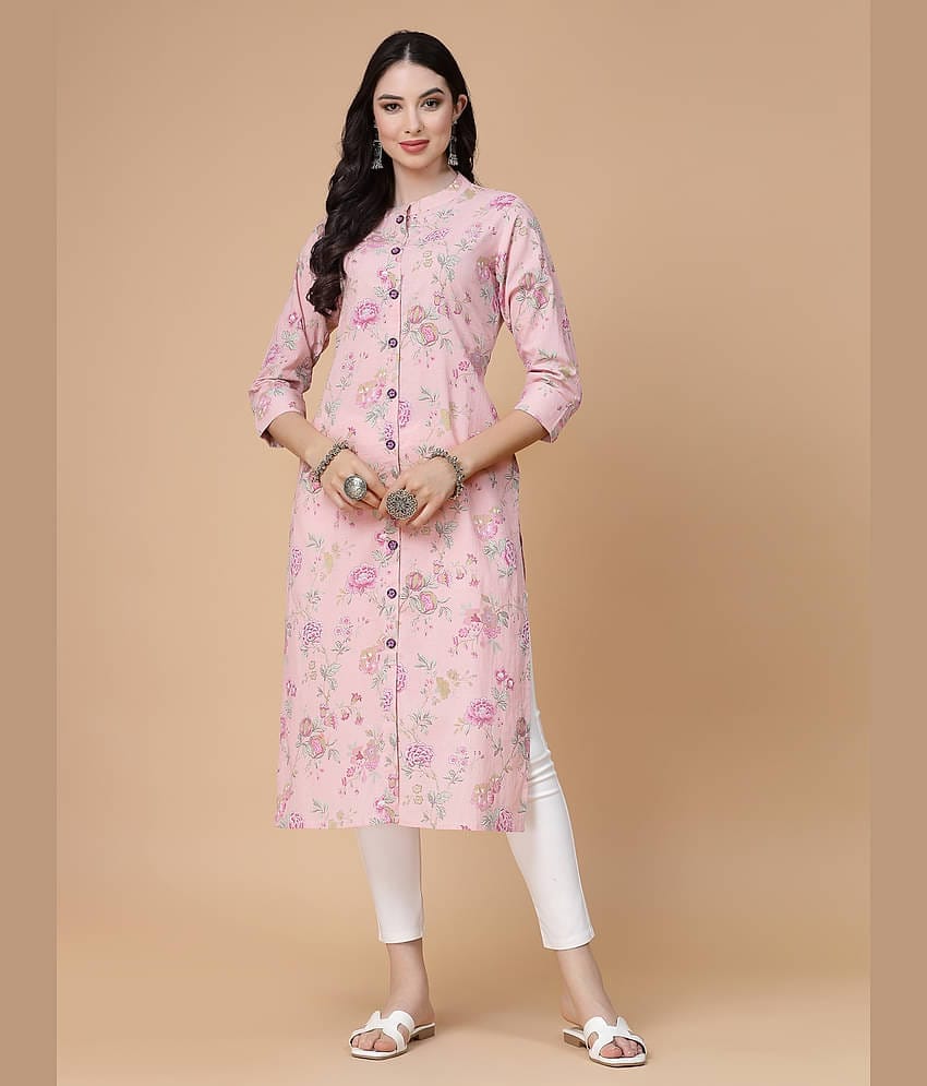 GOD BLESS Cotton Printed Front Slit Women's Kurti - Peach ( Pack of 1 )