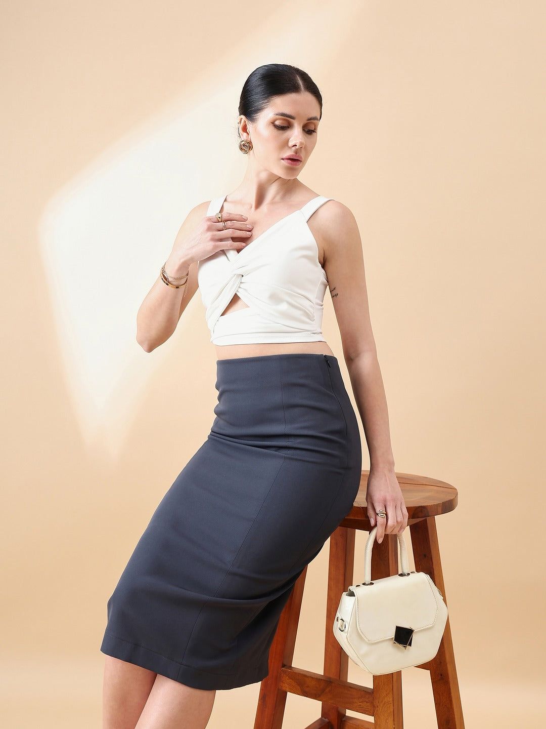 Stretch Pencil Skirt- Dark Grey-XS