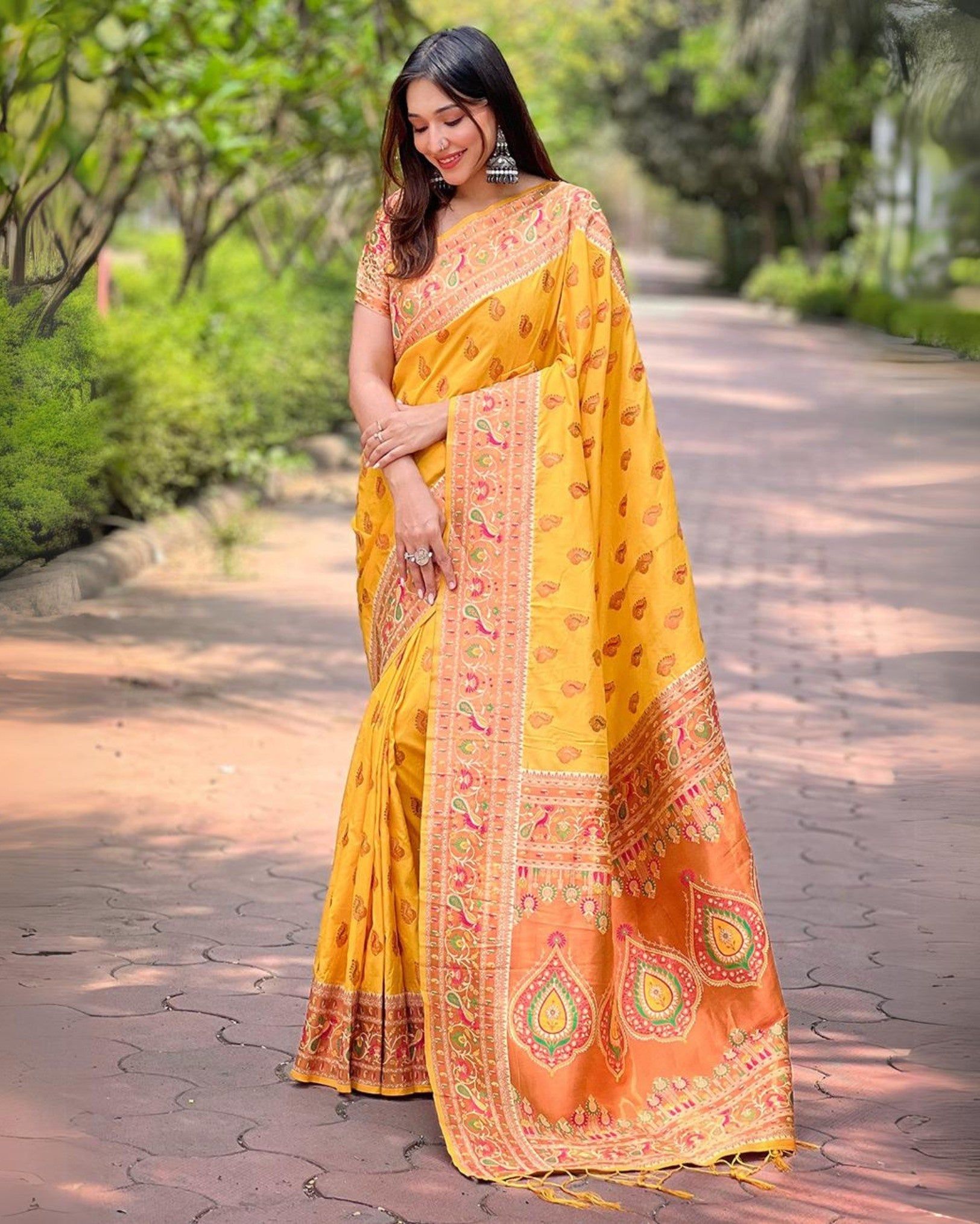 Marathi Mood Muniya Paithani Vivid Yellow Saree Zari Woven