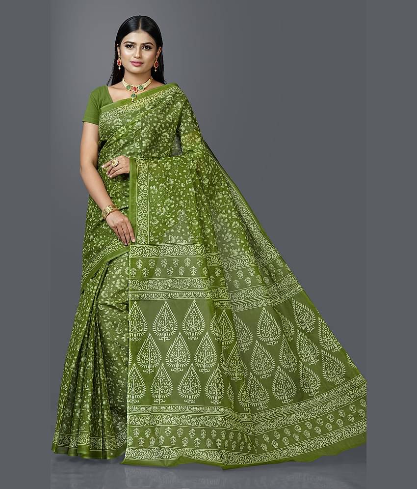 SHANVIKA Cotton Printed Saree Without Blouse Piece ( Green )