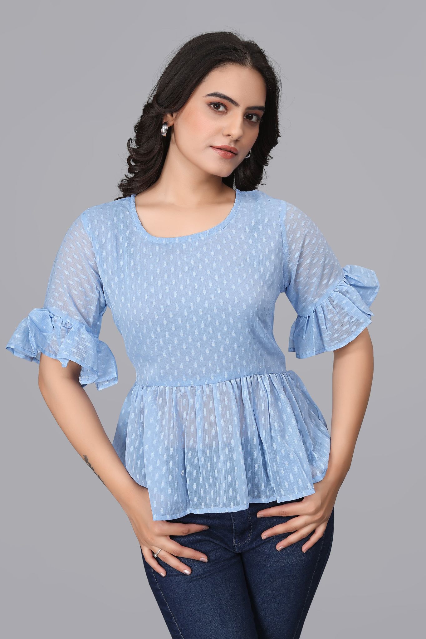 OWO THE LABEL white bell sleeve top for women (OTLTPS2007)-S / Blue