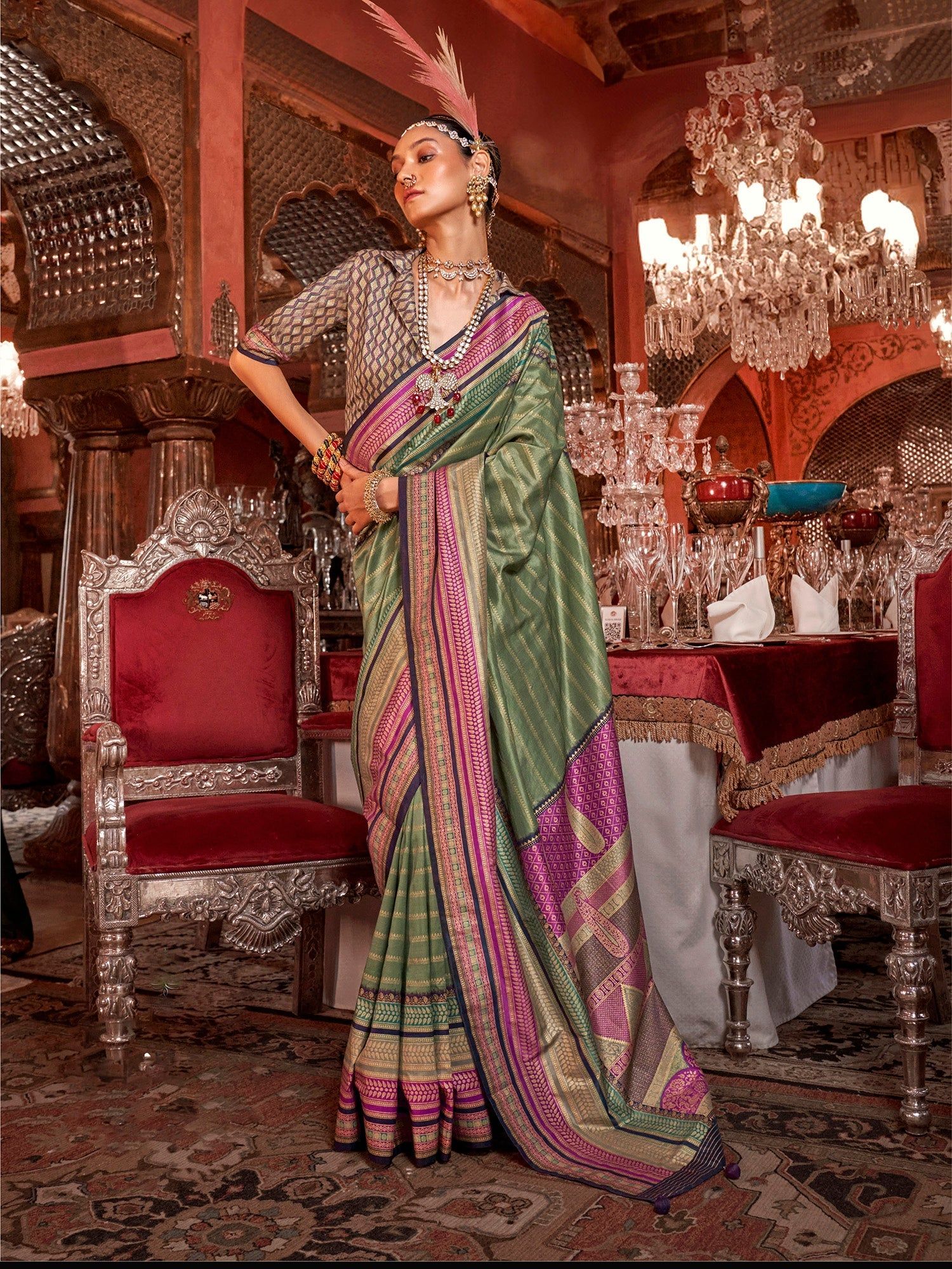 Mehendi Soft Silk Stripped Patola Saree For Women