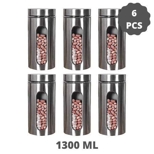 Femora Glass Window Jar for Kitchen Storage, 1300 ML - Set of 6, Free Replacement of Lids