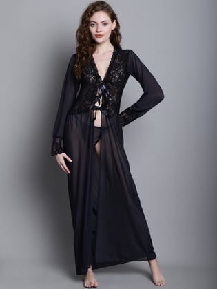 Overall Net with Exquisite Lace Robe-M / Black