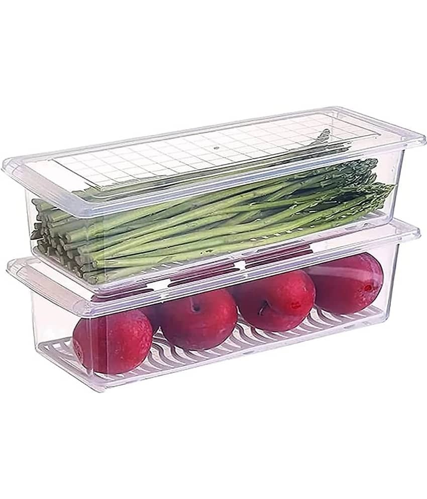Vegetable Storage Fridge Container with drain plate and Lid - Transparent Polyproplene Food Container ( Pack of 2 )
