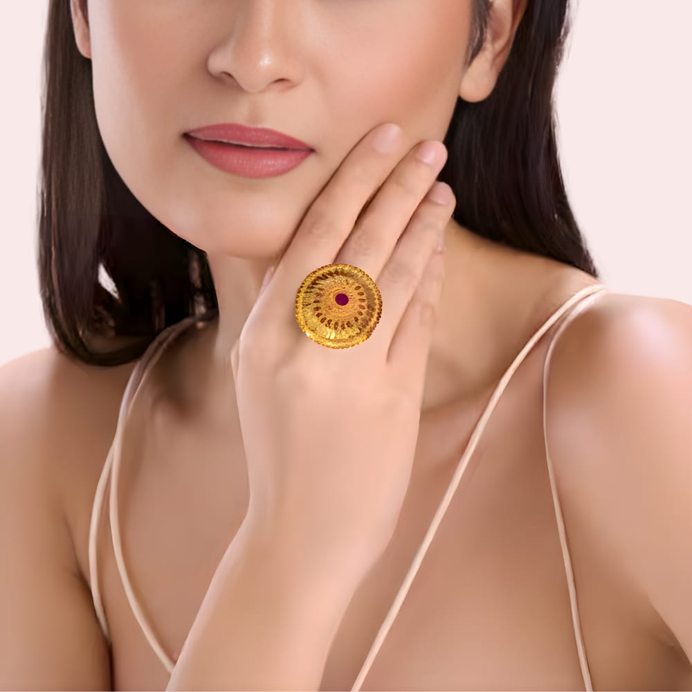 Ethnic Floral Medallion Gold-Tone Ring with Center Accent