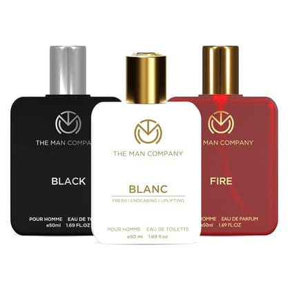The Man Company Eau de Toilette Trio Perfume Gift Set , 50ml each - Fire, Blanc, Black | EDP & EDT Perfume for Man | Premium Luxury Long-Lasting Perfume Spray | Valentine Gift For Him | fresh scent for daily office wear | Valentine gift Set for Boyfriend