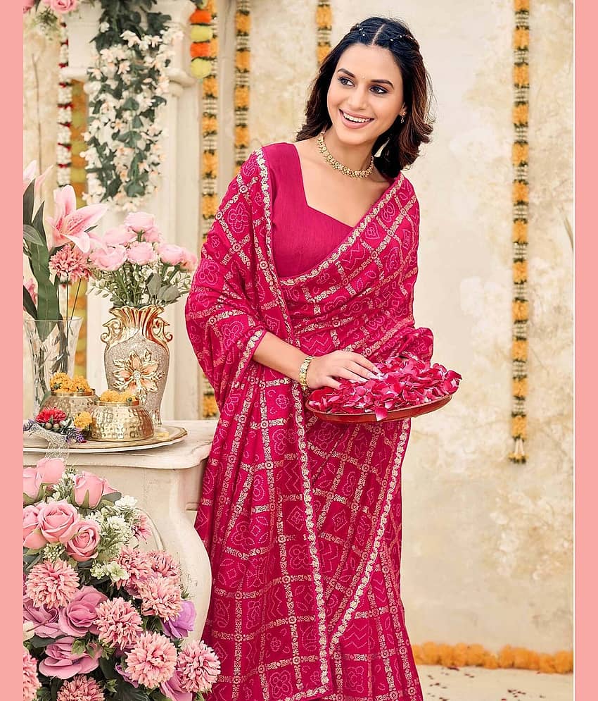 Samah Silk Blend Printed Regular Saree With Unstitched Blouse Piece ( Pink )