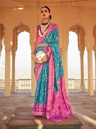 Cyan Blue Gold Printed Patola Silk Saree