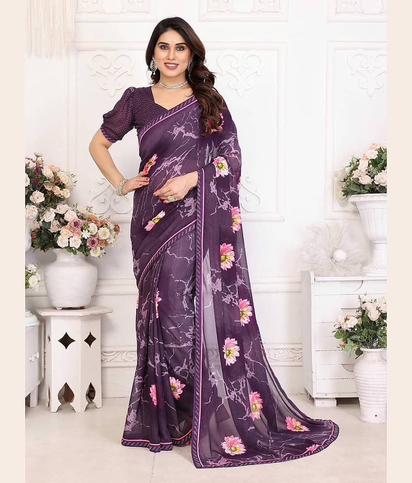 TTH Georgette Printed Regular Saree With Unstitched Blouse Piece ( Wine )