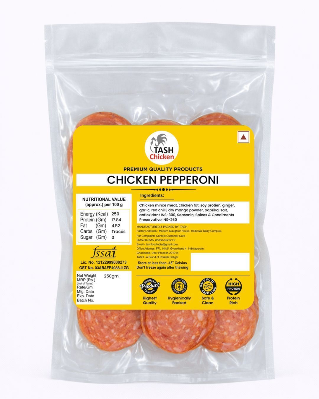 TASH Gourmet Chicken Pepperoni – Premium Smoked & Spiced Chicken Salami Slices – 250g Pack | High Protein, Keto-Friendly & Gluten-Free | Ideal for Pizza Toppings, Sandwiches, & Charcuterie Boards