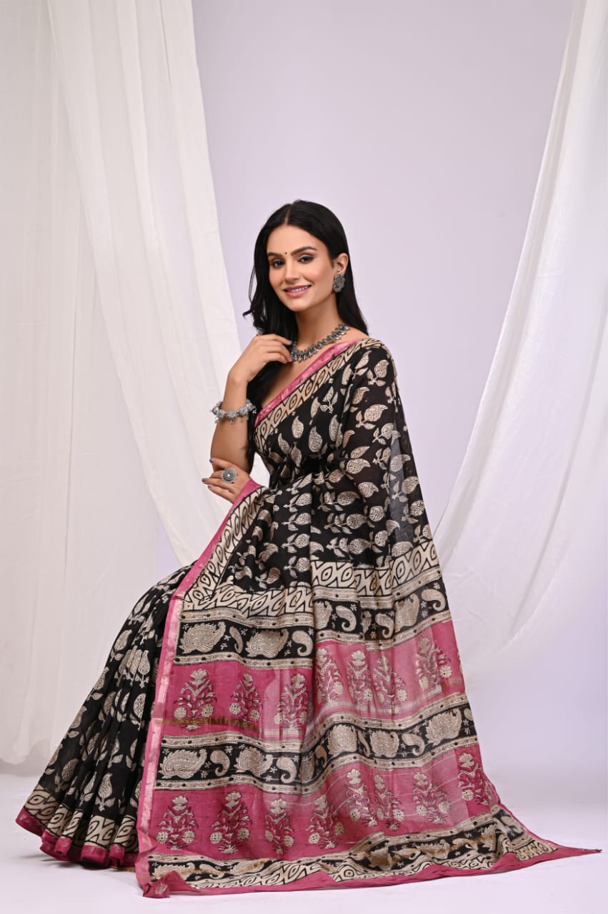Hand block printed chanderi silk Sarees with blouse