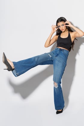 Mid Blue Distress Women's Bootcut Jeans 26