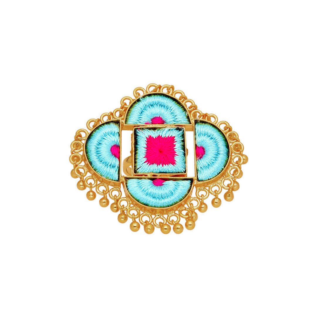 Rangoli Phulkari Finger Ring - BBZ139-sky-blue