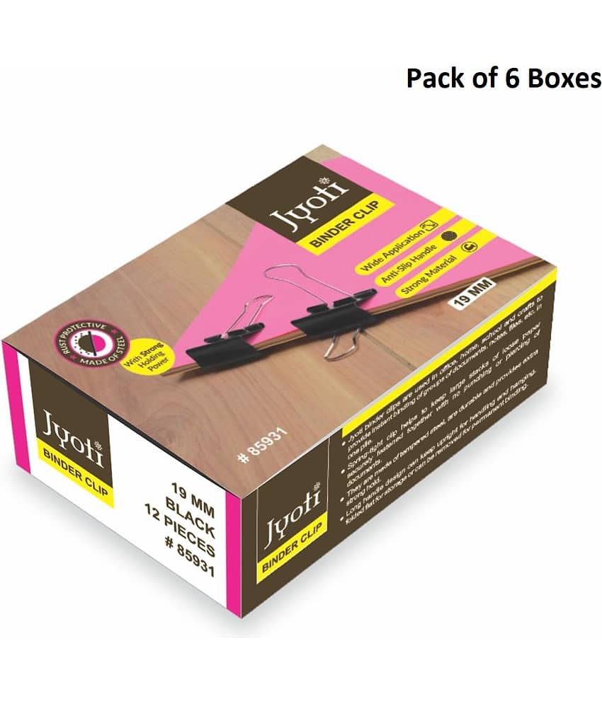 Jyoti Binder Clip Paper Holding Capacity Files Organized & Secure for Office, School, Institutions # 85931 (12 Pieces of Size 19mm of Black Color in a Paper Box), Capacity 90 Pages - Pack of 6 Boxes