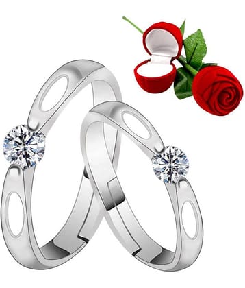 Silver Shine Silver Plated Adjustable Couple Ring with 1 Piece Red Rose Gift Box for Men and Women