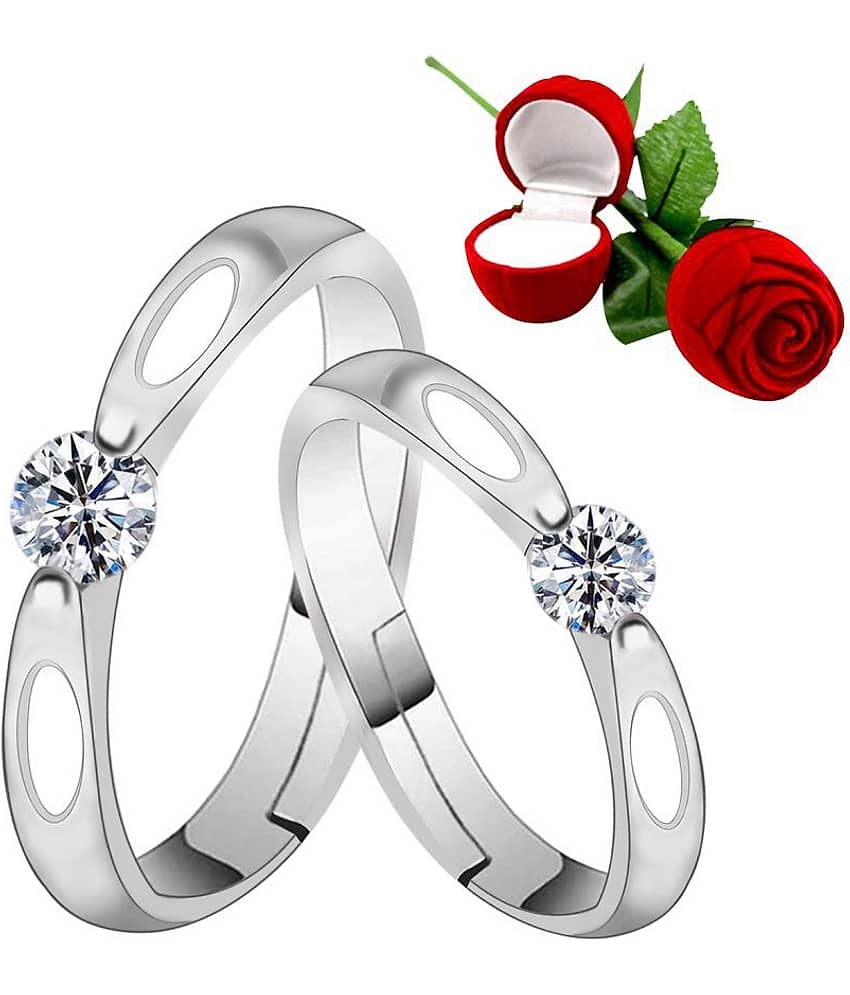 Silver Shine Silver Plated Adjustable Couple Ring with 1 Piece Red Rose Gift Box for Men and Women