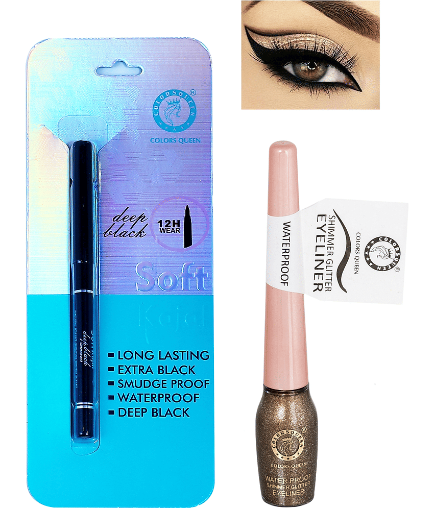 Colors Queen Long Lasting Deep Black Kajal Liquid Black with Eyeliner (Combo of 2)