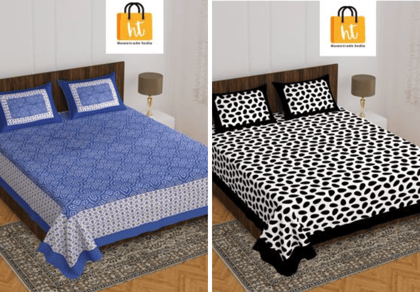 2201-Hometrade India- Standard Double Size (90*100 in )-Combo Jaipuri Double bedsheet With Matching Pillow Cover